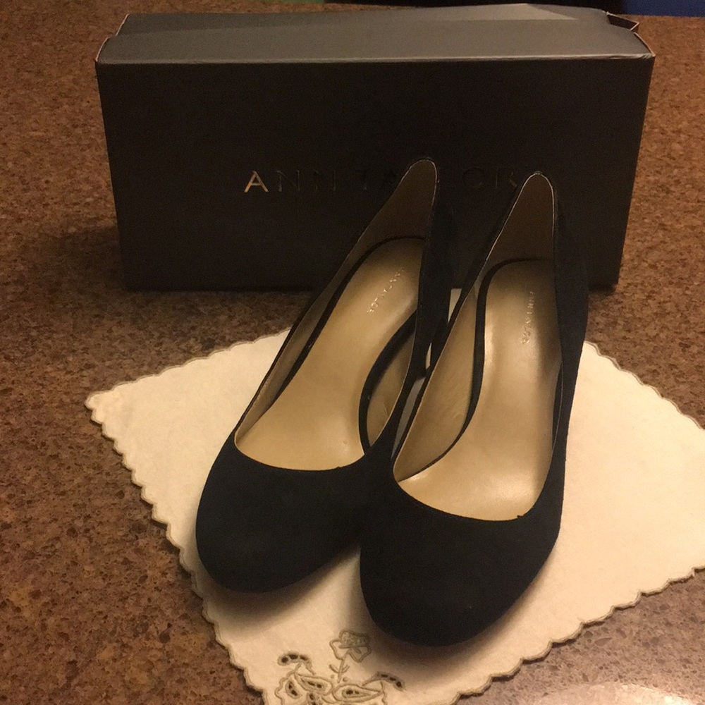 Ann Taylor black suede metal heel pumps.